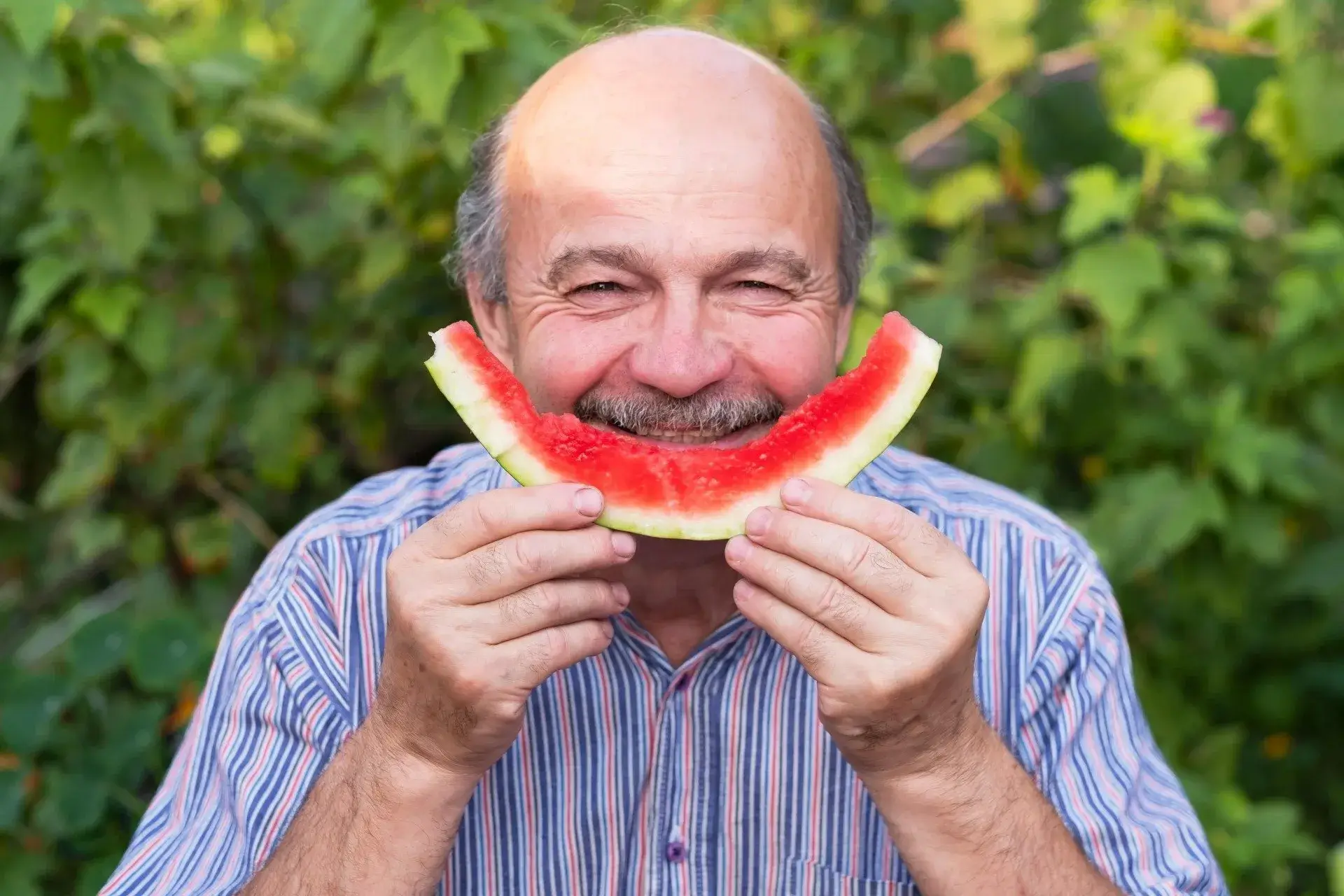 Grinsender alter Mann hält eine abgeknabberte Wassermelonenscheibe vor seinem Mund